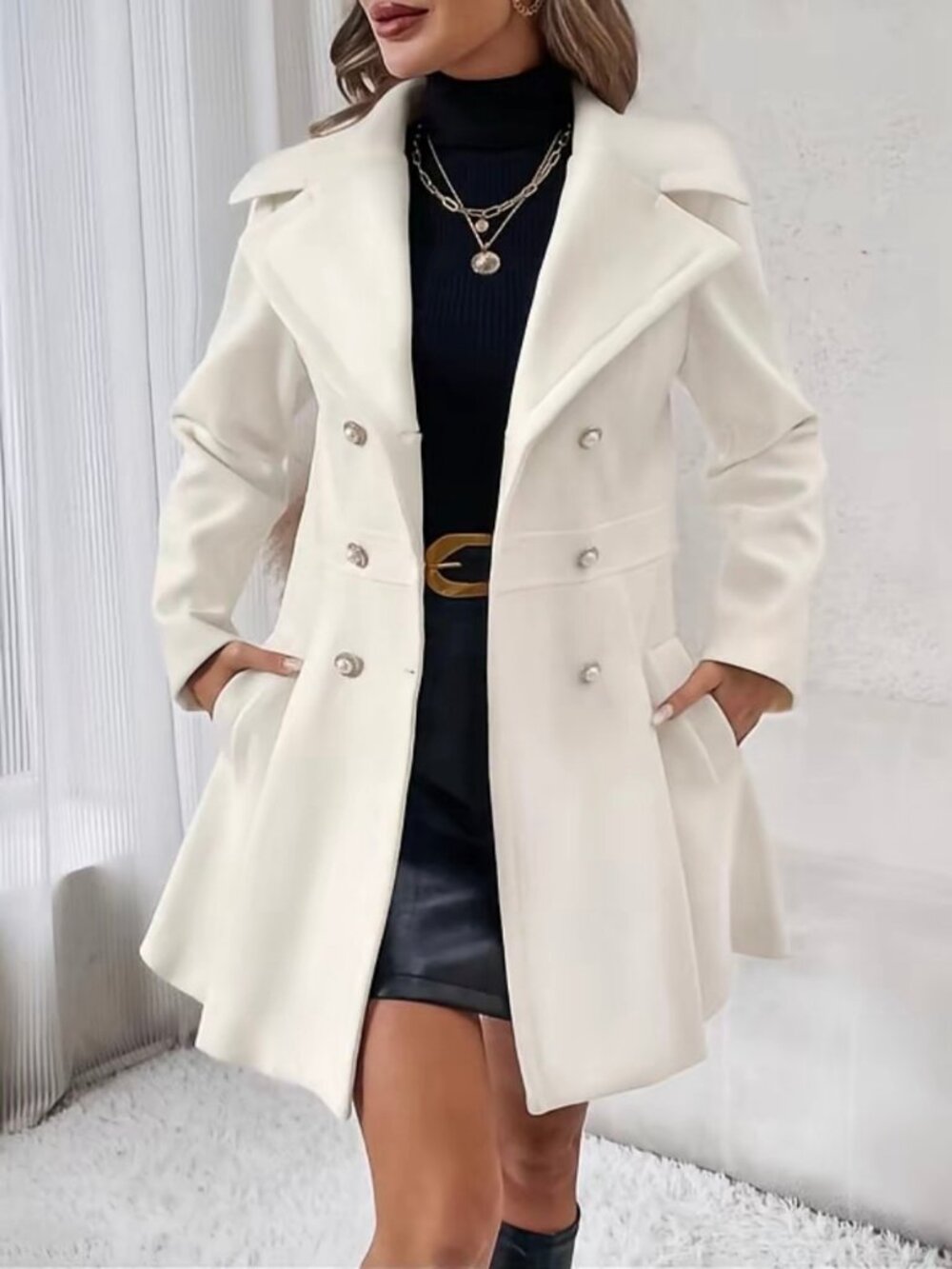 Womens Solid Double Button Pocket Overcoat Jacket Cream Lapel Neck Fall New L